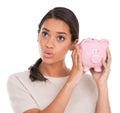 Face, thinking and woman with piggy bank in studio for budget, savings or investment growth on white background. Money Royalty Free Stock Photo