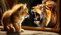 Face to Face Between a Kitten and a Lion Roaring - Generative Ai Royalty Free Stock Photo