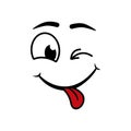 Face with tongue. Logo of emoji mouth for tasty. Icon of smile yummy. Cartoon hungry face. Funny illustration for gourmet with