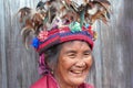 Face of unknown old ifugao woman in national costume near rice terraces. Banaue, Luzon, Philippines