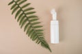 Face wash with brush, Cosmetics foam pump container bottle with green leaf on a natural background Royalty Free Stock Photo