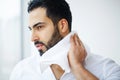 Face Washing. Happy Man Drying Skin With Towel Royalty Free Stock Photo