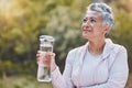 Face, water bottle and senior woman in nature on break after sports workout, exercise or training. Thinking, drinking Royalty Free Stock Photo