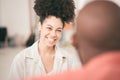 Face of woman on a date, meeting or chatting to a friend looking happy, cheerful and in love. Smiling, cute and Royalty Free Stock Photo