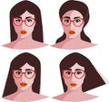 Face of womans, they wear a red cateye glasses with different emotion, flat vector illustration Royalty Free Stock Photo