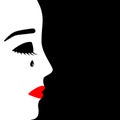 Face of young crying girl, profile view. Depressed mood, frustration, grief, melancholy, yearning. Vector illustration