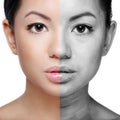 Face of young woman before and after retouch