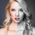 Face of young woman before and after retouch Royalty Free Stock Photo