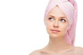 Face of young woman with a towel Royalty Free Stock Photo