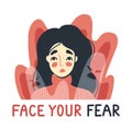 Face your fear concept. Frightened, scared young woman surrounded by imaginary ghosts flying around her.