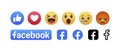 Facebook button set of 6 Emoji Reactions and letters f. Vinnitsa, Ukraine - August 22, 2019