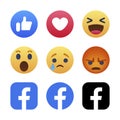 Facebook button set of 6 Emoji Reactions and letters f. Vinnitsa, Ukraine - August 26, 2019