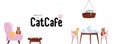 Facebook Cover Web Banner Social Media Design Welcome to cat cafe Template Vector on white background.Cats sit on stylish chairs Royalty Free Stock Photo