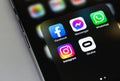 Facebook, Instagram, Messenger, WhatsApp, Oculus VR on display smartphone Royalty Free Stock Photo