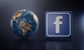 Facebook Logo Beside Earth 3D Rendering. Top Apps Concept