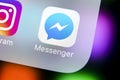 Facebook messenger application icon on Apple iPhone X screen close-up. Facebook messenger app icon. Online internet social media