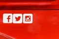 Facebook, Twitter and Instagram Social Media Icons on Red Metal Background