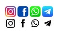 Facebook, WhatsApp, Telegram and Instagram logos. Isolated on white background.