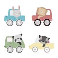 Funny cute Animals in different Cars. Cartoon illustration with transport in flat style. Royalty Free Stock Photo