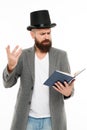 Faced with senseless drama. Eloquence and diction. Bearded man read book. Poetry reading. Book presentation. Literature Royalty Free Stock Photo