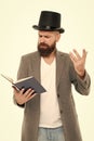 Faced with senseless drama. Eloquence and diction. Bearded man read book. Poetry reading. Book presentation. Literature