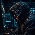 Faceless anonymous hacker at work, dark digital background around. Concept of cybercrime, Internet illegal activities