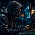 Faceless anonymous hacker at work, dark digital background around. Concept of cybercrime, Internet illegal activities