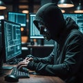 Faceless anonymous hacker at work, dark digital background around. Concept of cybercrime, Internet illegal activities