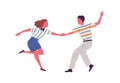 Faceless artistic pair holding hands, dancing lindy hop together. Couple perform swing or jive dance. Man and woman