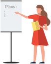 Faceless businesswoman with clipboard is talking about plan on poster. Month planning or to do list