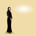 Faceless cartoon arabic muslim beautiful woman manager or teacher in hijab and fashion abaya from UAE or Saudi Arabia show offer.