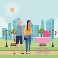 Faceless couple and baby carriage Royalty Free Stock Photo