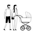 Faceless couple and baby carriage black and white