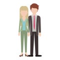 Faceless couple colorful silhouette and her with blouse and jacket and pants and heel shoes with straight long hair and