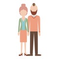 Faceless couple colorful silhouette and her with blouse and jacket and skirt and heel shoes with collected hair and him