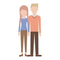 Faceless couple colorful silhouette and her with blouse long sleeve and pants and heel shoes with braid and fringe