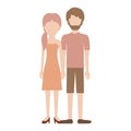 Faceless couple colorful silhouette and her with strapless dress and heel shoes with pigtail hairstyle and him with t