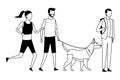 Faceless couple walking dog black and white