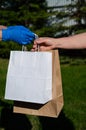 A faceless courier in gloves hands an eco friendly paper bag to a customer in a park. The concept of donation of