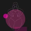 Faceless curvy female in a swimsuit contour on a black background with pink geometric shapes