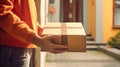 Faceless delivery man holding cardbox parcel box blurred street background. Generative ai Royalty Free Stock Photo