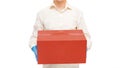 Faceless deliveryman hands in sterile gloves of courier for safe delivery emergency un label eco red cardboard.