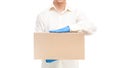 Faceless deliveryman hands in sterile gloves of courier for safe delivery.