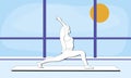 A faceless empty blank emotions woman is standing in yoga Asana warrior pose in the studio room with a big window