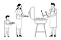 Faceless family cooking barbecue food in black and white Royalty Free Stock Photo