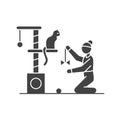 Faceless girl playing with a cat black glyph icon. Cute cat sitting on scratching post. Interior item for sharpening claws of pet Royalty Free Stock Photo