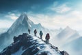 Faceless Group of climbers walks through snow covered mountains, back view