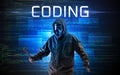Faceless hacker on code background Royalty Free Stock Photo
