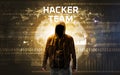 Faceless hacker at work, security concept