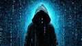 Faceless hooded anonymous computer hacker with programming code on dark blue background Royalty Free Stock Photo